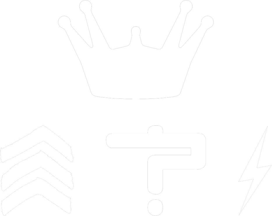A crown above three marks: chevrons, a question mark, a lightning bolt